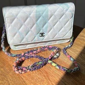 Limited addition Chanel handbag. Baby blue quilted handbag